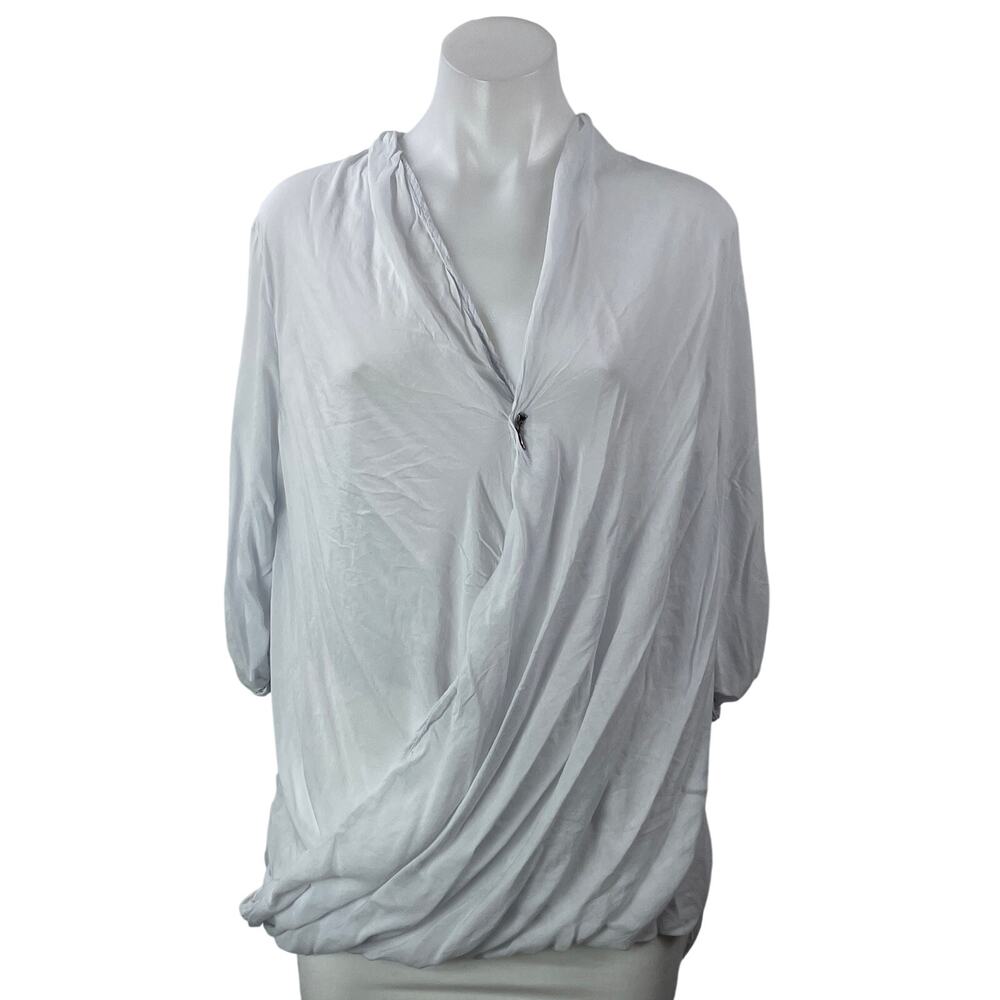 Helmut Lang Women's Light Gray 3/4 Sleeve V Neck Drape Blouse Shirt Top Size M